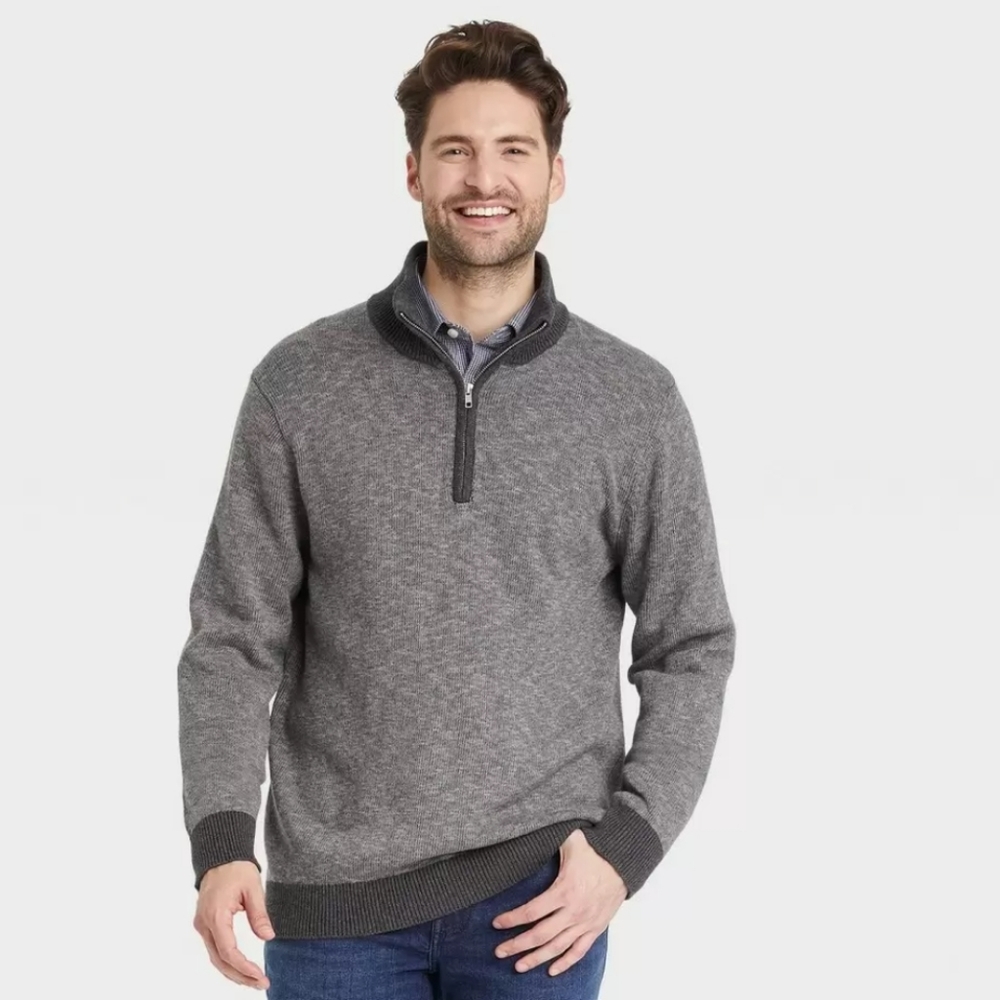New! Men's Goodfellow Long Sleeve Cotton Quarter Zip Sweater, Dark Grey